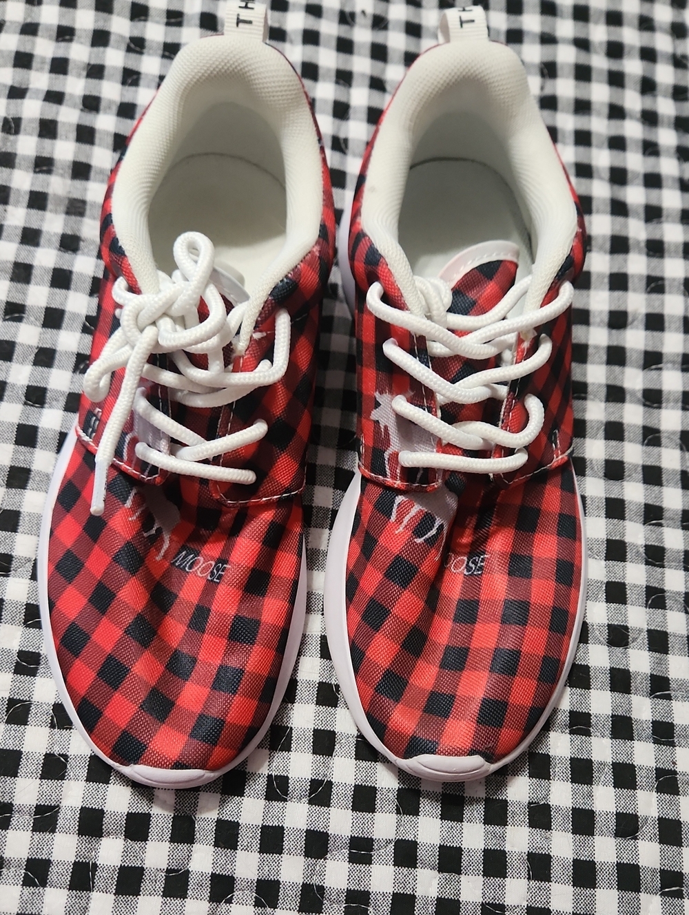 Plaid Red and Black Women's Lace-Up Sneakers with White Trim